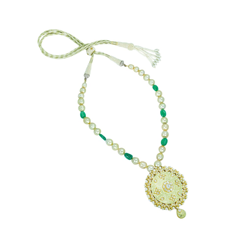 Ivory-Mint Enamel Pendant Necklace with Pearls and Emeralds